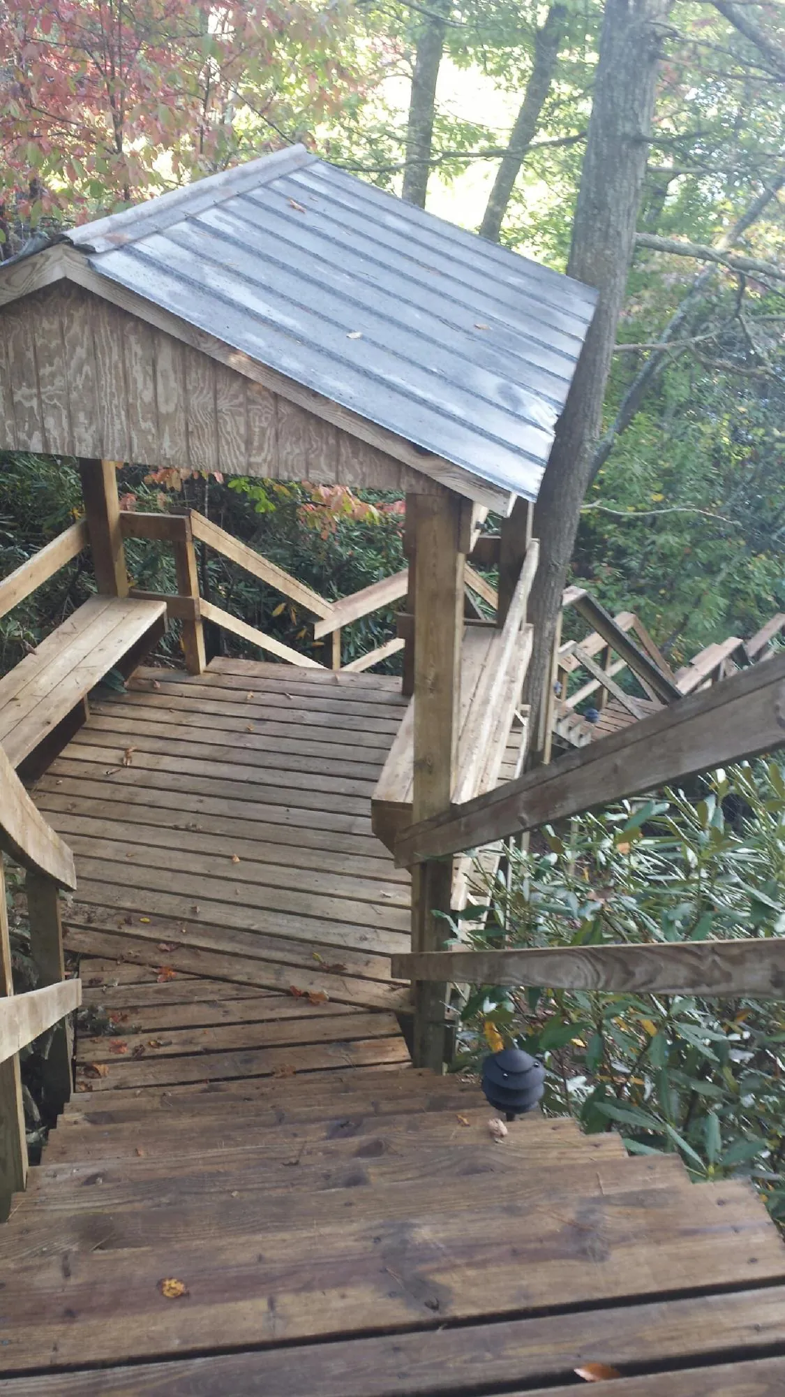 Metal roofed shelter over wooden steps on a wooded walkway — Skylight Repair & Installation work by our crew in Maple Lake